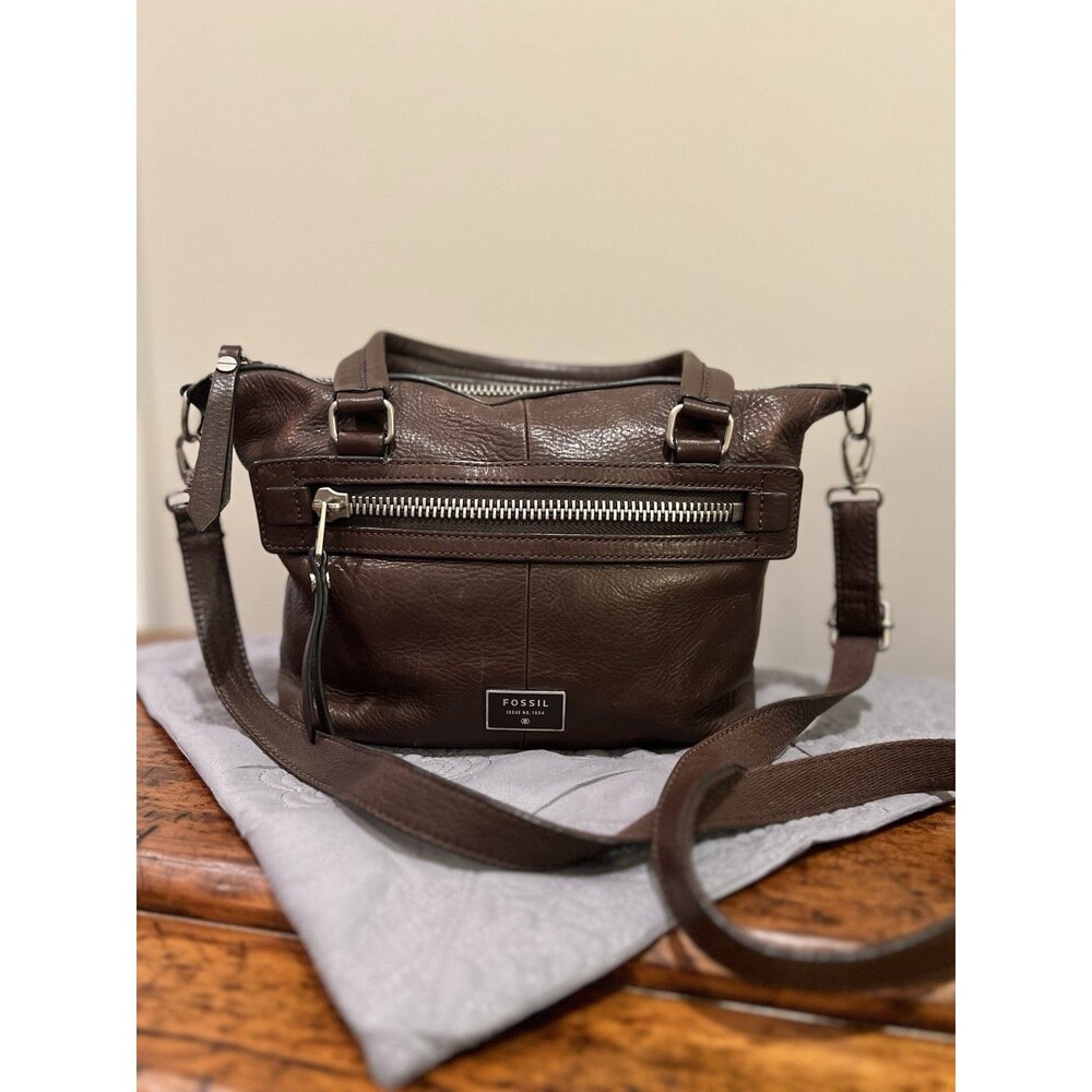 Fossil Dawson Brown Pebbled Leather Satchel Crossbody Bag